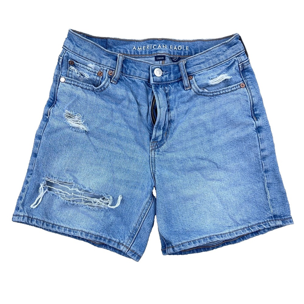 American Eagle Shorts Women 0 Relaxed Fit Baggy Med Wash‎ Jorts Distressed Holes